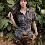 American Hot Girl Backless Lace Up Plaid Shirt Women's Spring And Summer New Slim Fit
