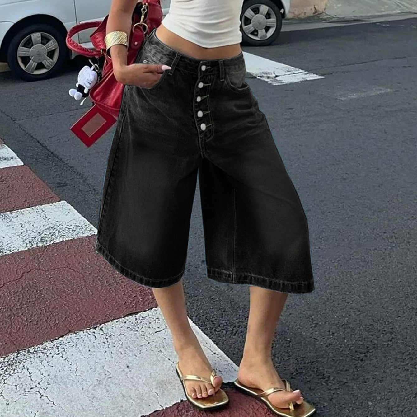 Multi-breasted Denim Shorts