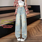 Cartoon Puppy Embroidered High Waist Straight Jeans
