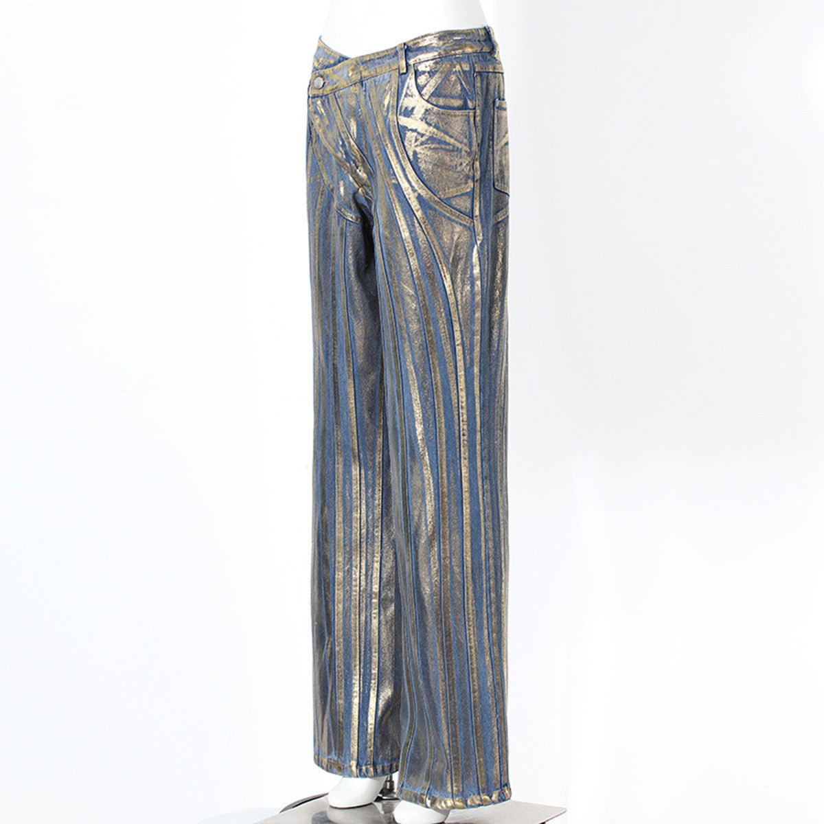 Gilding Jeans Slant Buckle Waist Stitching Strip Brush Silver Powder Craft