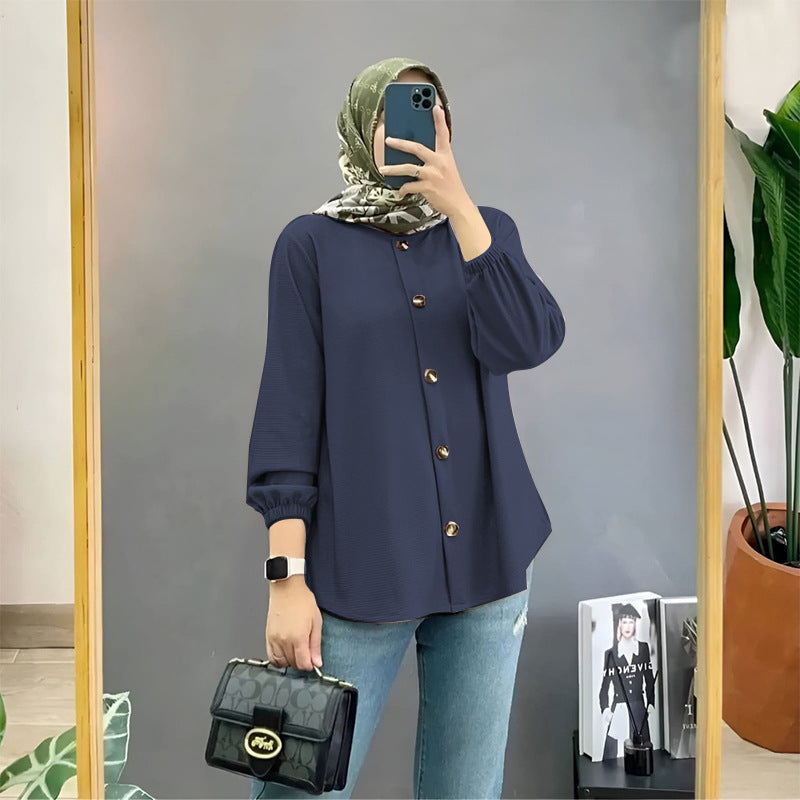 Muslim Ice Silk Wrinkle Stand-up Collar Literary Vintage Cardigan Loose Shirt Women