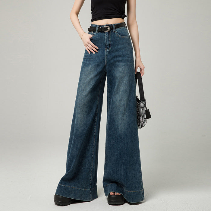 Dark Blue Narrow Version Korean Simple High Waist Loose Small Mop Wide Leg Pants