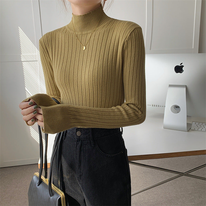 Half-high Collar Long Sleeves Knitted Bottoming Shirt Top For Women