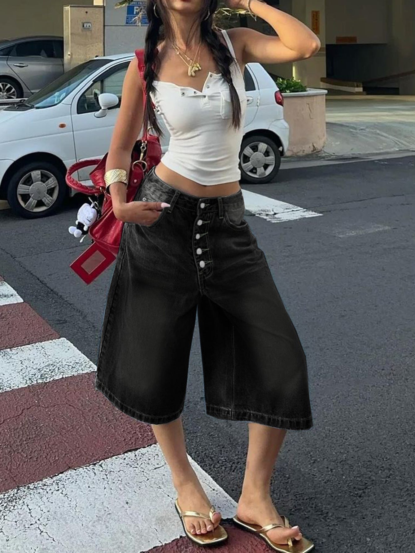 Multi-breasted Denim Shorts