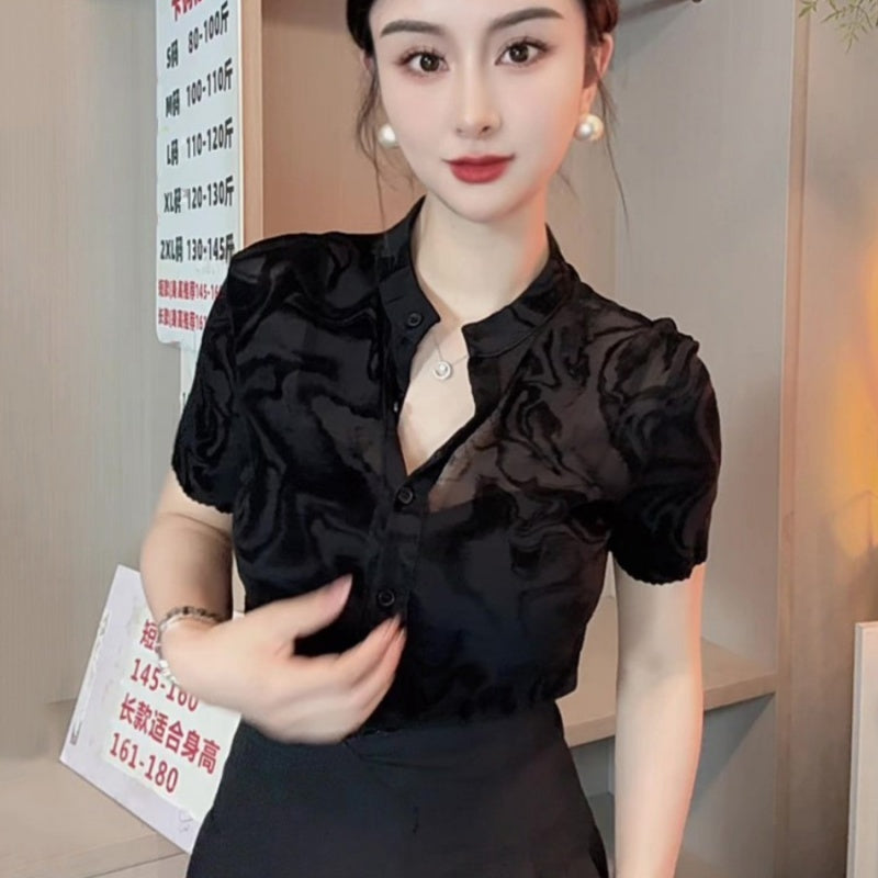New Summer Black Mesh Short Sleeve Shirt For Women