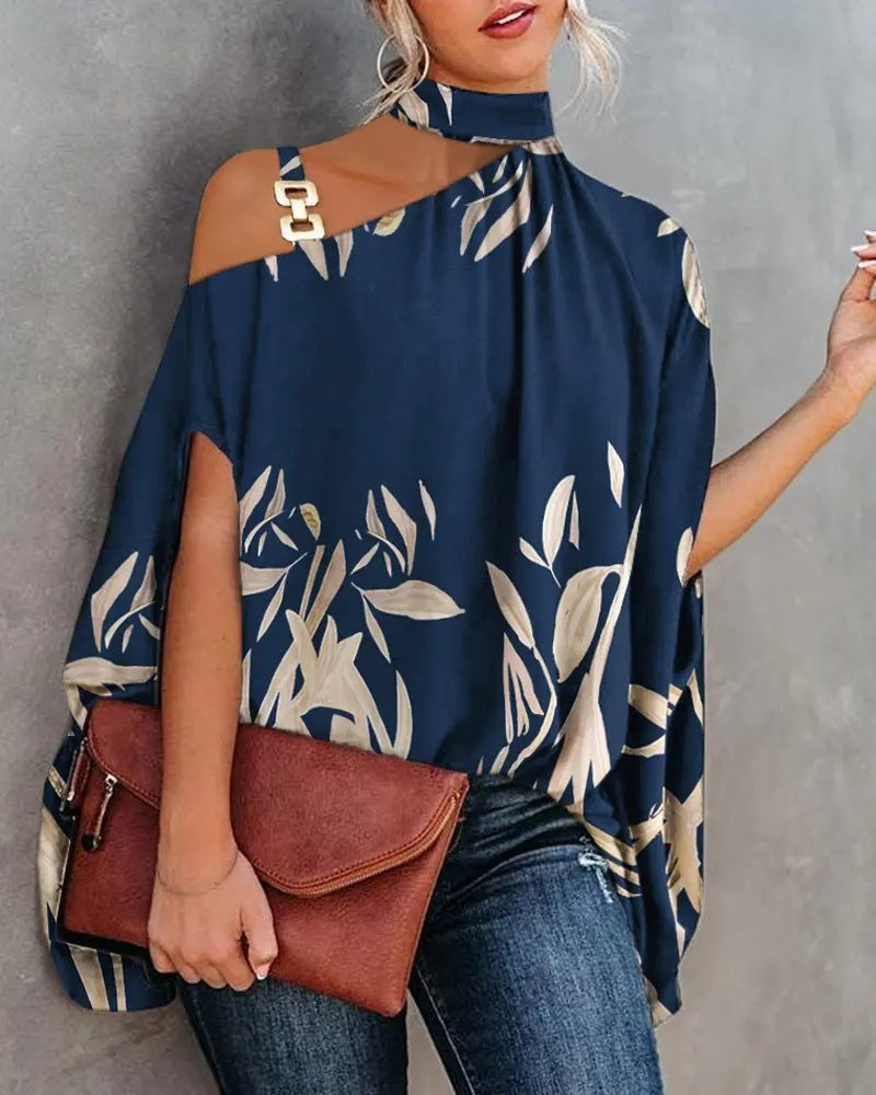 Wear Halter Shawl Printed Elegant Short Sleeve Bat Shirt