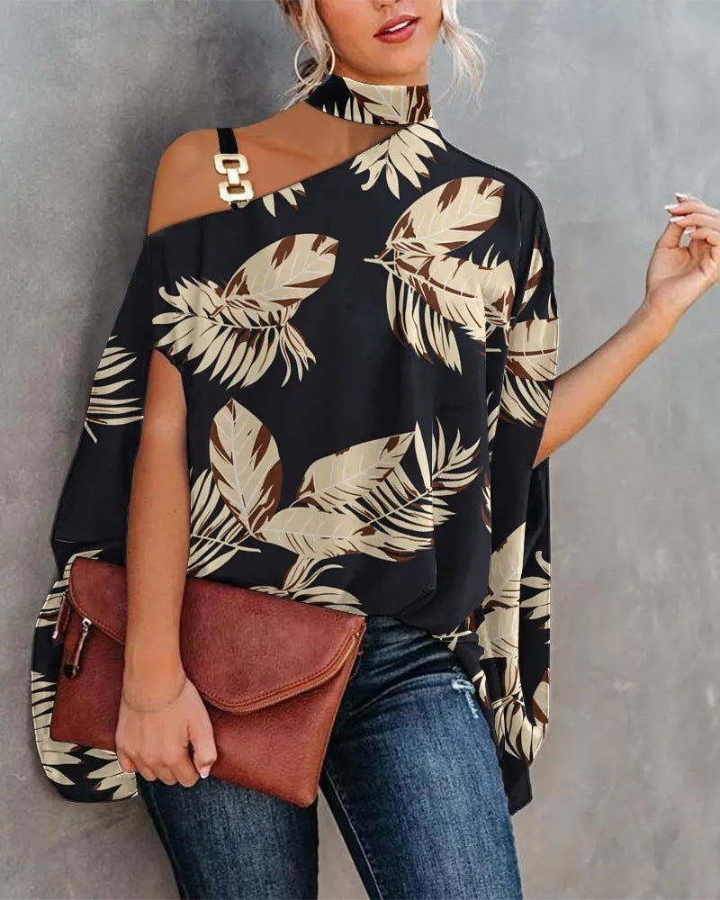 Wear Halter Shawl Printed Elegant Short Sleeve Bat Shirt