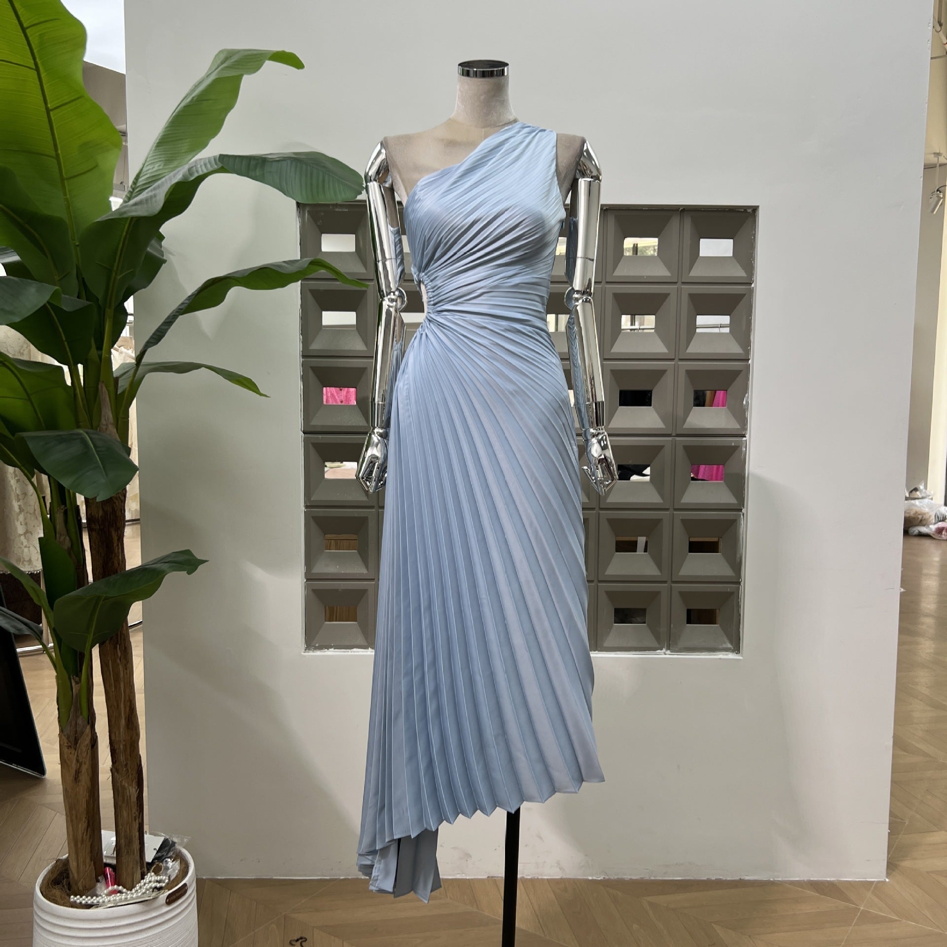 One-shoulder Pleated Hollowed-out Midriff Outfit Irregular Skirt For Women Dress